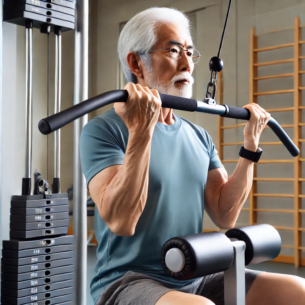 ラットプルダウンをしているシニアの男性